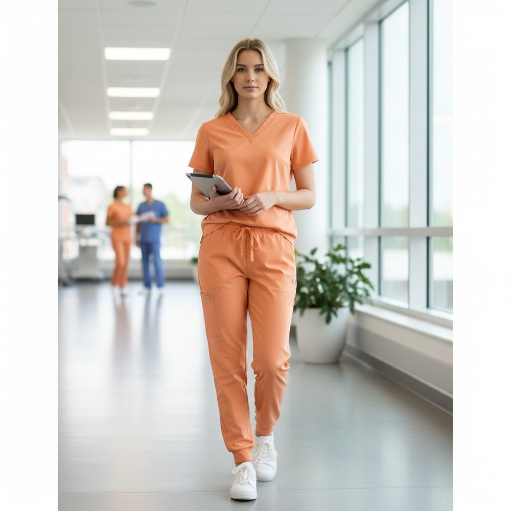 Mandala Women Orange Scrub Set V-Neck Top Jogger Pants Equa-Tek Large L